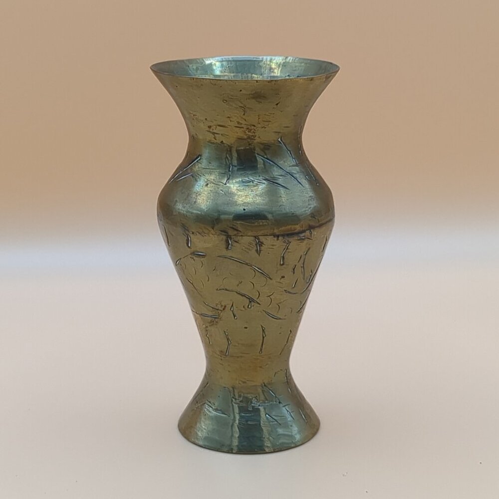Vintage Brass Vase - Etched Metal - Small Decor Item